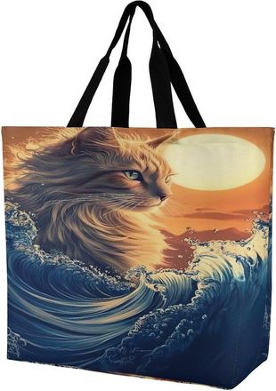 Generic Cat The Great Wave Sunset Large Reusable Shopping Bag Lightweight Foldable Tote Bags Washable Shoulder Handbag