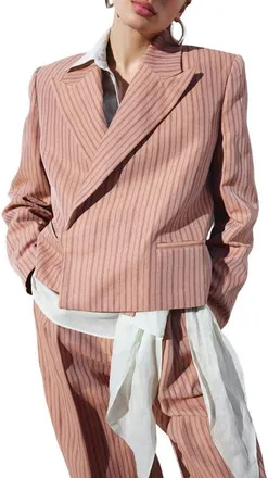 Mango Stripe Crop Linen Blend Blazer in Pink at Nordstrom, Size Medium