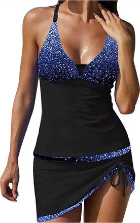 Generic Tankini Swimsuits for Women Sparkly Sequin Print Halter Swimdress 2 Piece Bathing Suit Tummy Control Swimwear with Swim Skirt Two Piece Swim Suits for