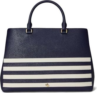 Lauren Ralph Lauren Striped Leather Large Hanna Satchel Satchel Womens Handbags Refined Navy/Soft White