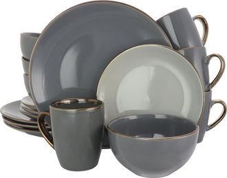 Elama Tahitian Grand 16 Piece Stoneware Dinnerware Set in Gray