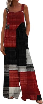 Generic Ladies Jumpsuits Ladies Dungarees Festival Clothes for Women Casual Rompers for Women Printed Loose Button Pocket Trousers Red