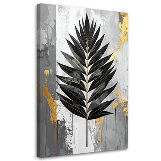 Feeby Cuadro En Lienzo, Hoja De Helecho Negra Sobre Fondo Gris, 80x120