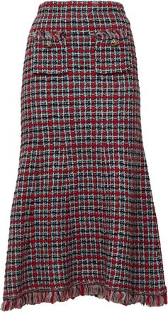 Self Portrait Gefreangeelde geruite gebreide midi-rok - Dames - Midirokken - Veelkleurig - XS - Katoen - Rokken