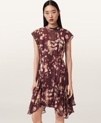 AllSaints Viscose Fleur Asymmetric Floral Dress, Size: UK 14/US 10