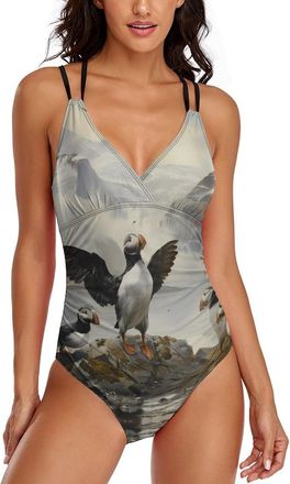 Generic Puffins Womens One Piece Swimsuits Tummy Control Bathing Suits Beach Swimwear 2XL