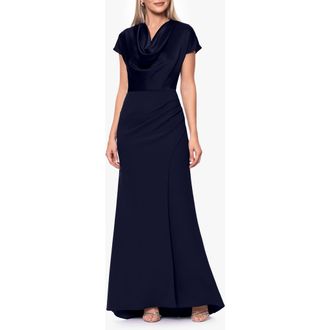 Betsy & Adam Cowl Neck Satin Gown in Navy at Nordstrom, Size 14