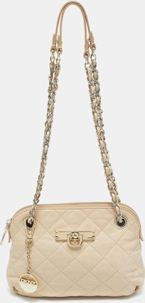 DKNY Dkny Light Beige Quilted Leather Small Zip Shoulder Bag