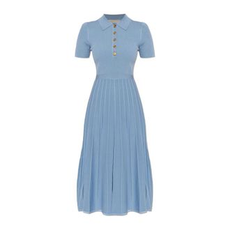 Michael Kors Knitted Dresses, female, Blue, Size: M Ribbed Stretch Knit Polo Midi Dress