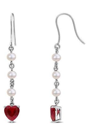 Delmar Sterling Silver Cultured Pearl & Lab Grown Ruby Heart Drop Earrings at Nordstrom Rack