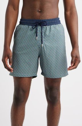 Stone Rose Retro Wallpaper Print Swim Trunks in Blue at Nordstrom, Size 4