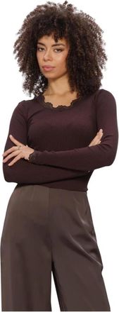 Rosemunde Babette Silk LS Lace Top - Dames - Longsleeves - Bruin - XL - Tops