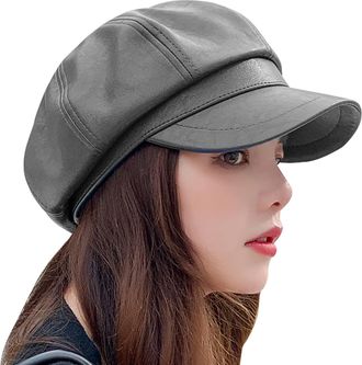 Feoya Faux PU Leather Newsboy Octagonal Beret Hats for Women Ladies Grey Peaked Baker Boy French Caps Casual Classic Solid Color Artist Painter Cap Vintage 
