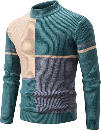 Generic Mens Jumpers Tops Knitted Crew Neck Jumper Long Sleeve Color Block Pullover Sweatshirt Soft Cozy Knitwear Regular Fit Casual Sweaters for Men Winter J