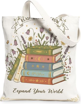 Generic Floral Canvas Tote Bags, Vintage Book Pattern Reusable Grocery Bags, Spring Lightweight Washable Shoulder Strap Canvas for, White, 13x15 Inch