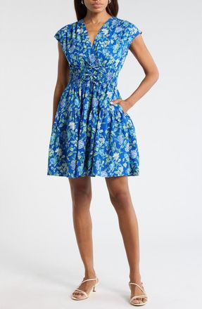 Derek Lam Tora Floral Print Shirred Dress in Blue Vines at Nordstrom Rack, Size 12