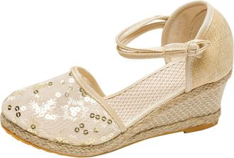 Generic Women Wedge Sandals Sequin Mesh Sandals Closed Toe Wide Sandal Solid Color Slingback Buckle Sandal Casual Walking Shoes Breathable Waterproof Shoes Co