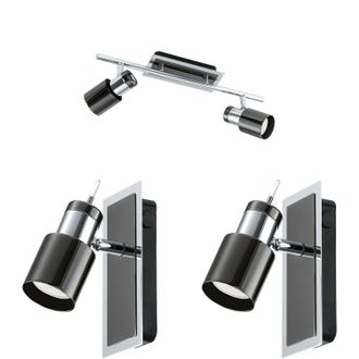 Loops Twin Ceiling Spot Light & 2x Matching Wall Lights Black Nickel Chrome Shade Head in Metallics