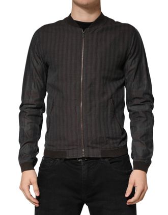 Dolce & Gabbana Mens Black Stripes Cotton Full Zip Bomber Jacket Linen Silk Elastane Clothing