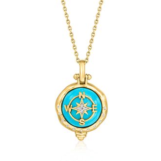 Ross-Simons Turquoise Compass Pendant Necklace in 18kt Gold Over Sterling