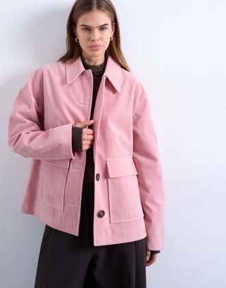 Topshop Giacca squadrata rosa in camoscio sintetico con tasche applicate