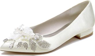 Generic Women Wedding Flats Shoes Satin Pearls Bride Pointed Toe Prom Rhinestones Evening Bridal Party Dress Flats 2.5 Cm,Ivory,6.5 UK
