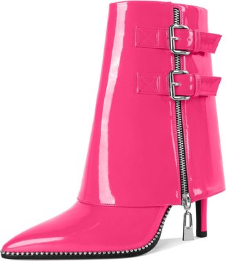 EDEFS High Heel Boots for Women Mid Calf Fold Over Ankle Boots Winter Dress Comfortable Fashion Hot Pink UK9