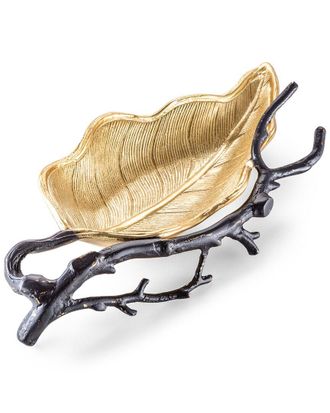 Alice Pazkus 15.75In Gold Black Leaf Dish