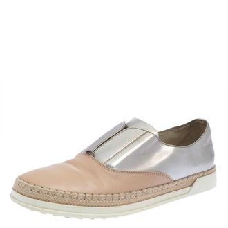 Tod's Tods Beige/silver Leather Francesina Slip On Espadrille Sneakers