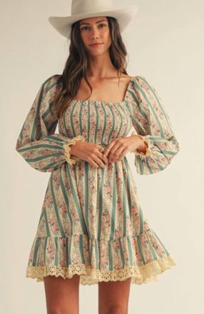 Lovlov French Style Floral Smocked Lace Dress In Dusted Olive