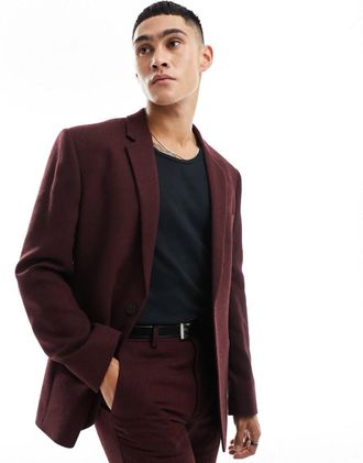Asos slim fit wool mix suit jacket in burgundy twill-Red