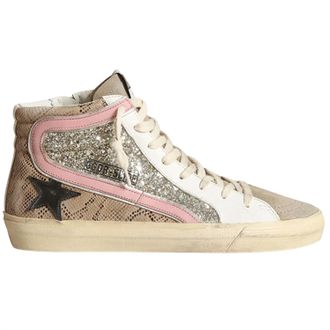 Golden Goose Womens Slide Mid-Top Snake Glitter Sneaker In Beige