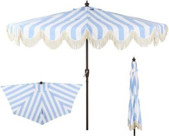 Jonathan Y Designs Beverly 9 ft. Designer Classic Scalloped Fringe Half Market Patio Umbrella with Crank, Push Button Tilt and UV Protection in Light