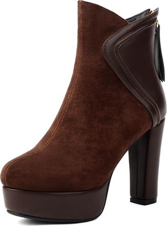 Generic Womens Suede Ankle Boots With Platform And Chunky Heels Side Zipper Tassel Decor Retro Round Toe Design For Evening Party Daily Date,Brown,5.5 UK