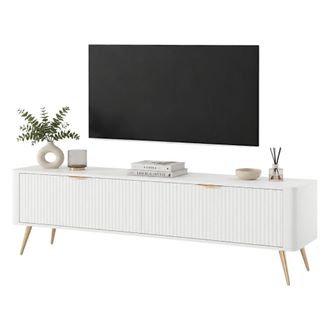 Dmora Mueble Para Tv Kalase, 2 Estantes, 2 Puertas, Efecto Rayado En Patas, 163x38x51h Cm Blanco