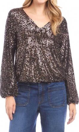 Karen Kane Blouson Sleeve Sequin V-Neck Top In Brown