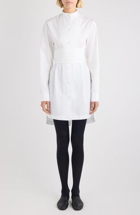 Alaia Cummerbund Belted Long Sleeve Cotton Poplin Shirtdress in Blanc at Nordstrom, Size 12 Us