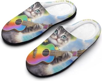 Generic Cat Playing Guitar Beach Bird Mens House Slippers Memory Foam Washable Cotton Slip on Home Shoes