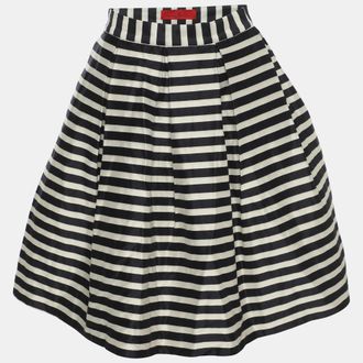 Carolina Herrera White/navy Blue Stripe Silk Blend Pleated Midi Skirt