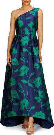 Kay Unger Tiara Floral Print One-Shoulder Gown in Navy/Emerald at Nordstrom, Size 18