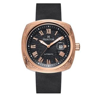Heritor Davenport Engraved-Case Leather-Band Watch w/ Date in Rose Gold/black at Nordstrom