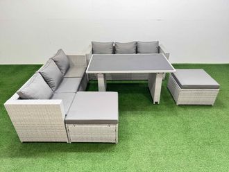 Fimous 8-seater Patio Rectangular Table Sofa Set with 2 Big Stools in Light Grey