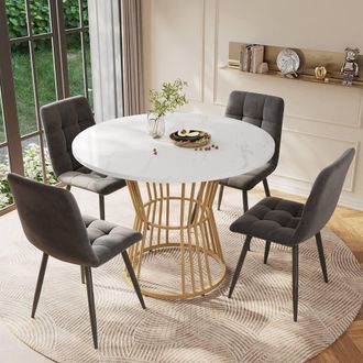 Merax Marble Effect Round Dining Table & 4 Gray Linen Chairs Set in Grey