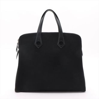 Herm&egrave;s Black Leather Canvas Shoulder Bag Tote Bag (Pre-Owned)