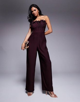 Asos ruffle bust contrast corset jumpsuit in dark chocolate-Brown