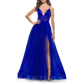 La Femme A-Line Tulle Gown with Illusion Bodice and Boning in Royal Blue at Nordstrom, Size 00