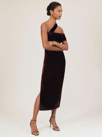 Reiss Burgundy Petite Velvet One-shoulder Midi Dress, 18