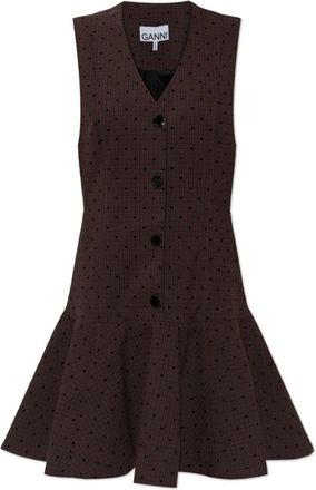 Ganni Flock Check Suiting Dress - Dames - Korte kleedjes - Bruin - L - Polyester - Kleedjes