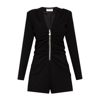 Saint Laurent Playsuits, female, Black, XL, Heart Appliqu&eacute; Long Sleeve Jumpsuit
