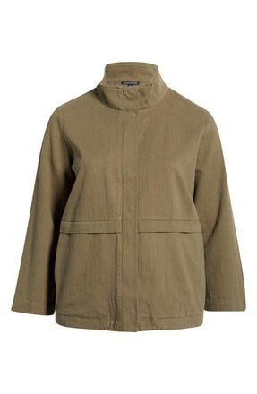 Eileen Fisher Zip-Up Organic Cotton & Organic Linen Jacket in Olive at Nordstrom, Size 1X